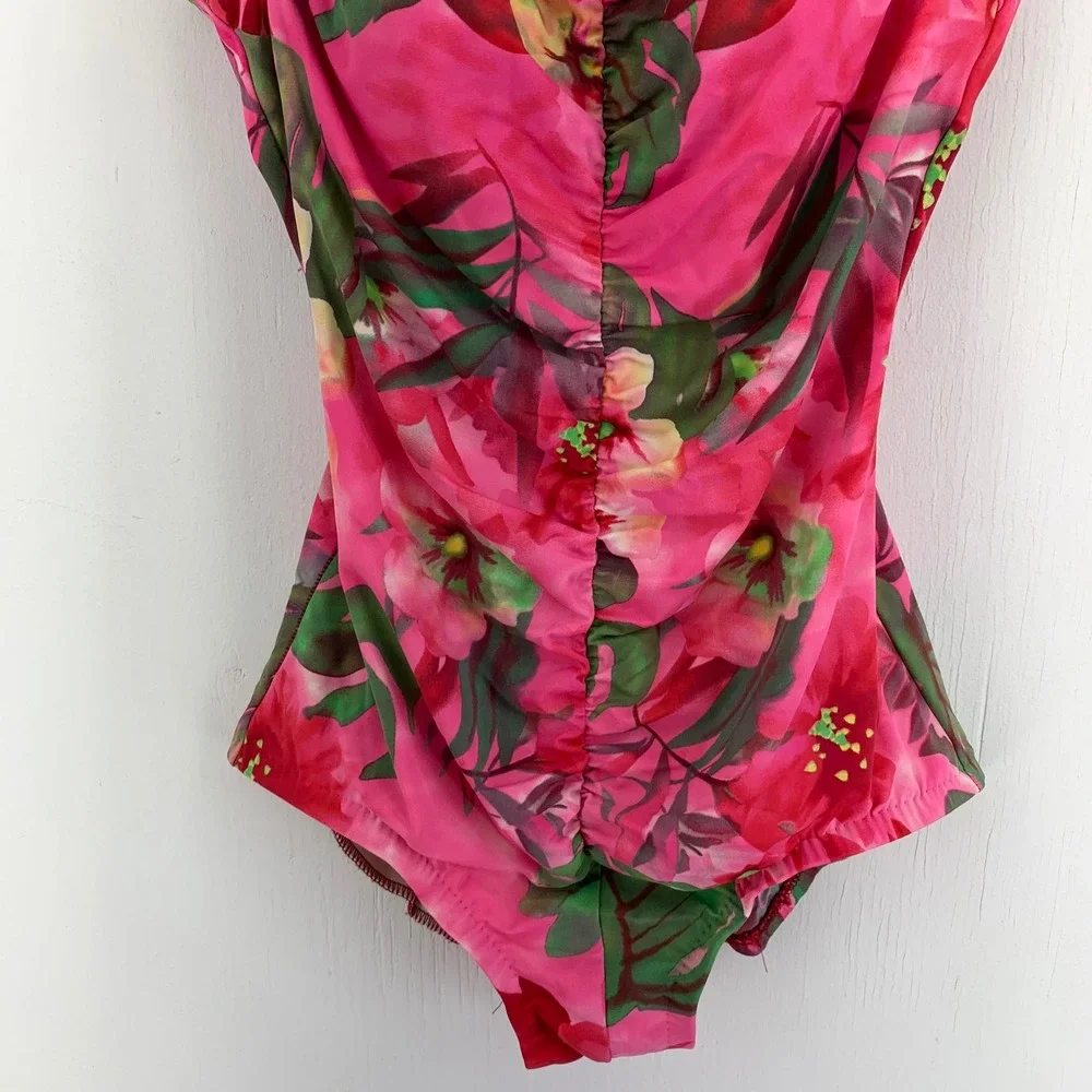 Maxine Pink Tropical Floral Ruched One Piece Swimsuit V-Neck Size 10